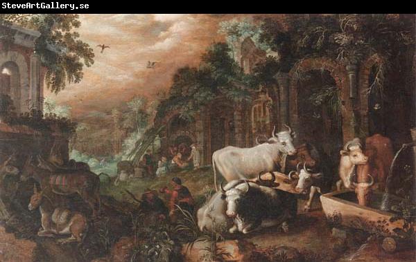 Roelant Savery Herders resting and watering their animals by a set of ruins